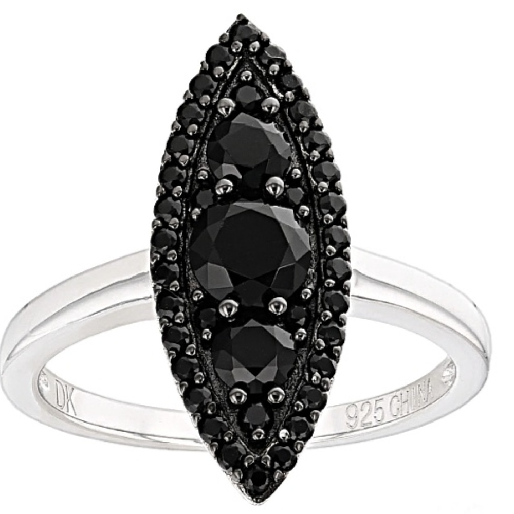 Round Black Spinel Sterling Silver Ring  Size 12